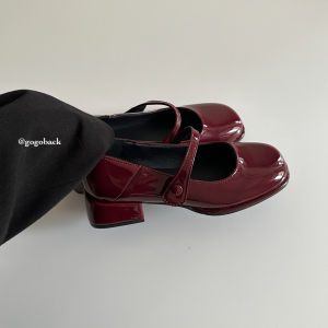 Gogoback Multi-สี สไตล์ฝรั่งเศส หัวสแควร์กลางส้นรองเท้า Mary Jane สําหรับผู้หญิงเงาพื้นผิวความสูง Magic เทป Slip-ons