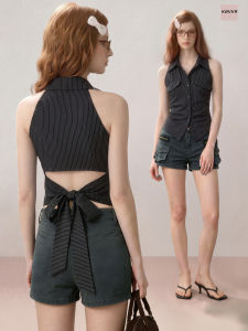 KBVVR | Black Backless Stripe Sleeveless Polo Collar Bow Tie Shirt