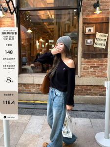 Chenmi Fan Lusi Same Style! Sloping-Shoulder off the-Shoulder Small Icon Loose Pullover Female Autumn Long Sleeves Knitwear Tops