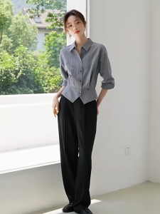 Women Long Sleeve Blouse Korean Waist Designed Pleated Slimming Striped Shirt