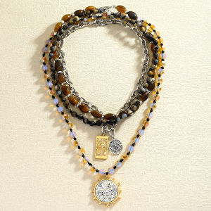 Vedawas Fashion Creative Multilayer Beads Pendant Necklace For Women Natural Stone Beaded Round Coin Drop Chain Necklace Gift