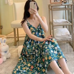 Summer 2023 New Womens Sleepwear: Cotton Silk Strapless V-Neck Long Dress with Plant Florals Print for Youth