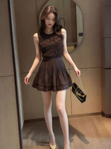 DANTING | Sleeveless Coffee Brown Top with Pleated Mini Skirt Set
