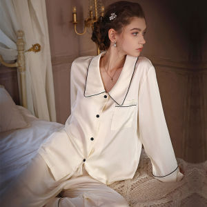 Womens Ice Silk Long Sleeve Sleepwear Thin Home Clothes Shirt Collar Spring Autumn Comfortable Home Clothes Outerwear