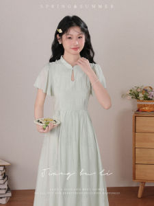 New Chinese Style Cold Sensation Womens Dress Bamboo Wind Summer New Arrival A-Line Midi Skirt Short Sleeve Print Dress