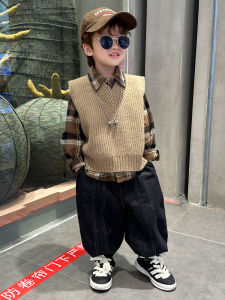 Spring Fashionable Knitted Plaid Vest Shirt Set for Boys Baby Outfit Korean Style 3-Piece Suit Spring Autumn Seasonal Wear
