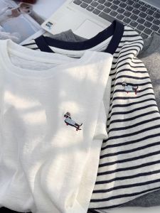Áo Thun Cotton Vải Lanh Tre Tay Ngắn Cổ Tròn Thêu Mùa Hè Nhẹ Thoải Mái Giản Dị Giản Dị Phong Cách Hàn Quốc Thường Ngày
