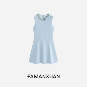 FAMANXUAN | Elegant Blue Bow Crystal Dress