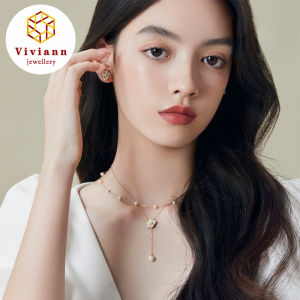 Viviann Original sterling silver Design Camellia series Double layered Flower Pearl Necklace Elegant White Pearl Bead Necklace for Women Crystal Pendant Sweet Wedding Party Jewelry Collier Femme