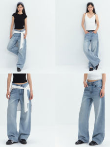 High Waist Wide Leg Light Blue Washed Denim Jeans Long