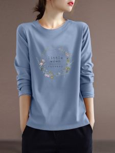 Áo Thun Cotton Dài Tay in Họa Tiết Mùa Xuân Thu Rộng Rãi Giảm Tuổi Tác Thon Gọn Che Phủ Thịt Áo Lót Mỏng Thường Ngày