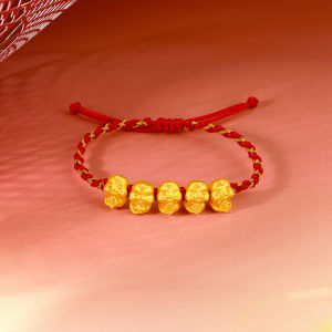 ZHOU LIU FU 周六福 24K Solid Gold Bracelet Five Snake Pure Gold Charm Red Braided Bracelet Cute Animal Jewelry for Women Mom Daughter Birthday New Year 16+6cm A1713120