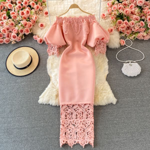 Retro French Style Red Lace Splice One Shoulder Long Dress Lantern Sleeve High Waist A-Line Skirt Bubble Sleeve Drawstring