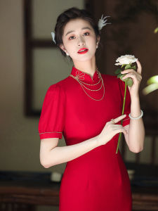 Elegant Red Young Style Improved Qipao Dress with Beads Low Slit Short Sleeve for Women Summer Wedding Party Dress
