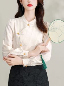 Ole Discount Store Big Sale Fresh Wind Bamboo Shadow Stand-up Collar Slanting Jin Chinese Shirt Zen Artistic Stylish Temperament Shirt