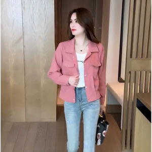 Fashionable Short Loose Thin Womens Outerwear Spring Autumn Korean Style Casual Polo Collar Long Sleeve Polyester Fiber