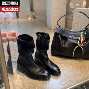 รองเท้าบู๊ตส้นสูงหนังวัวฤดูใบไม้ร่วงและฤดูหนาวสำหรับผู้หญิงแบบสวมหัวกลมพื้นยางทรงหัวแหลม