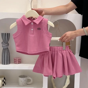 Summer Casual Kids Two-piece Set Sleeveless T-shirt and Skort