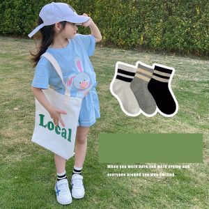 Set 3 đôi tất kẻ sọc Hàn Quốc cổ trung cho bé gái bé trai 1-10 tuổi