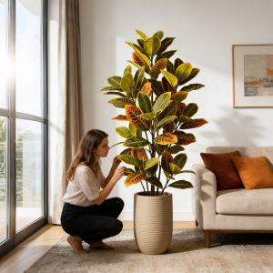 Kmitang | 58/115cm Artificial Plants Fake Ficus Tree Plastic Big Banyan Tree Leaves Realistic Tropical Croton Leafs For Home Garden Decor