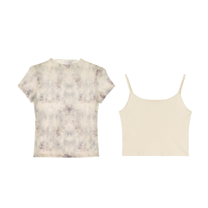 NIHAOKANONG | Bộ Áo Camisole T-shirt Tay Ngắn MESH Cổ Trung Thiết Kế Thời Trang