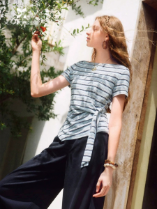 XIANGYING | Áo Thun Sọc Knit Asymmetrical Dây Nịt eo