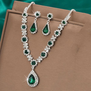 3 pieces of womens crystal droplet necklace with earrings set for wedding evening dress accessories