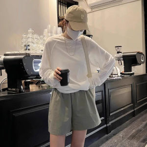 Áo Thun Dài Tay Màu Trắng Mỏng Chống Nắng Phong Cách Hàn Quốc Mùa Hè Mới Rộng Rãi Lười Biếng Lạnh Máy Lạnh Áo Trên Cổ Tròn Cotton Polyester