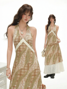 Unifree | Floral Plaid Lace Splicing V-Neck Summer Dress Long