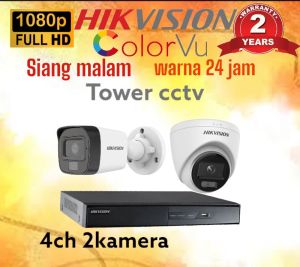 PAKET CCTV HIKVISION COLORVU 4 CHANNEL 2 KAMERA 2MP 1080P FULL COLOR SIANG MALAM