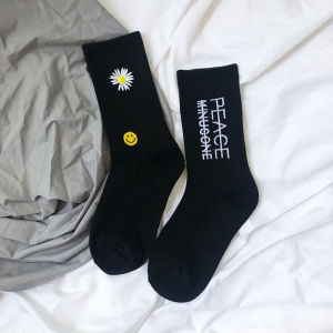 South Korea Harajuku G-Dragon GD Little Daisy Embroider Long Socks Men and Women Black Mid-Calf Length Socks Stylish Letter Fashion Socks