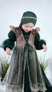 Gamis Anak 3 - 6 Tahun Set Hijab Azzumi Kids BL Velvet Mix Tule Brocade Ethnic Premium Mix Gliter Dan Soft Tule M L XL Baju Muslimah Anak Cewek Untuk Ngaji Dress Muslim Panjang Syari Kondangan