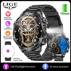 LIGE | Military Steel Smart Watch Men Flashlight 1.9 Inch Outdoor 700mAh Sports Fitness Watch Bluetooth Call Smartwatch for Android iOS