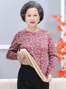 Middle-Aged Mom Fleece T-shirt Female Autumn and Winter round Neck Thickened Floral Bottoming Shirt Elderly Thermal Long Sleeve Top