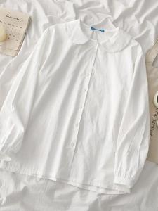 French Vintage Doll Collar Long Sleeve White Shirt Women Spring Autumn Design Casual Loose Cotton Blouse Korean Style Commute
