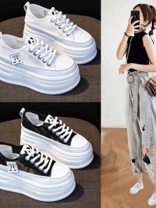 WANGGONGZHU | Princess Style Korean Tie Up Casual Low Top Shoes Womens Thick Bottom Heightening Board Shoes Summer New Leather Mesh Sports Fashion White Sneakers