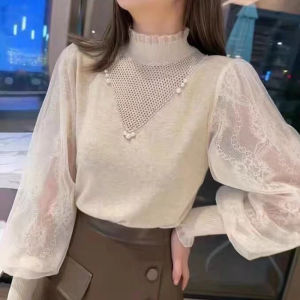 Elegant Lace Sleeve Hollow out Loose Neckline Thin Knitted Top Womens Fashionable Long Sleeve Crew Neck Pullover Spring Autumn