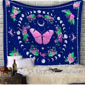 VIKAMA Bí Ẩn Bướm Sâu Bướm Mặt Trời Mặt Trăng Boho Hoa Thảm Treo Tường Cho Phòng Ngủ Ký Túc Xá Cô Gái Trang Trí Phòng Sợi Polyester