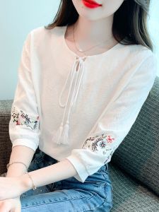 Elegant Embroidered Cotton Shirt Womens Fashionable Seven Sleeve Tops Commute Straight Cut Thin Summer round Neck T-shirt