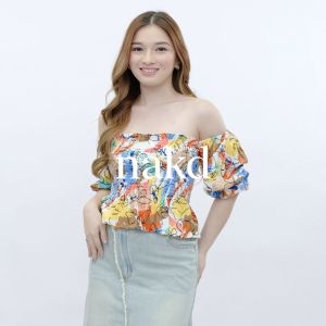 NAKD FASHION TOBI PRINTED FLORAL CHALLIS SMOCKING 3/4 TRENDY PUFF SLEEVE BASIC CASUAL WOMEN TOP 1801
