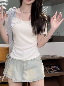 French Fashion Tie-Belt Asymmetrical Design Short-Sleeve Womens T-Shirt Summer Shoulder Exposure Slimming Short Style Top
