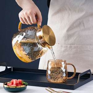 Amber Hammered Glass Water Pitcher Stainless Steel Lid Large Capacity