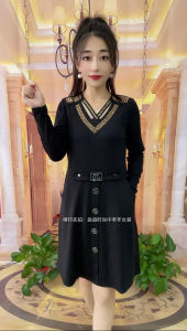 Spring Autumn New V-neck Sequin Knitted Lace High Elasticity Midi Dress Womens Commute Style Long Sleeve Other100% Material