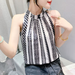 REHIN Summer new fashion floral stripes and waves printed sleeveless with cutaway shoulders versatile Slim fit high neck trendy womens top