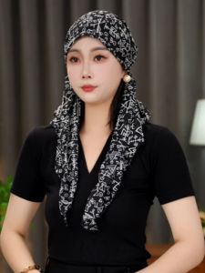 หมวกคลุมศีรษะพิมพ์ลายดอกไม้ หมวกคลุมศีรษะแบบผ้าผูกโบว์ หมวกคลุมศีรษะปิดผมขาว หมวกคลุมศีรษะแฟชั่น หมวกคลุมศีรษะแบบมีสายคล้องคอ