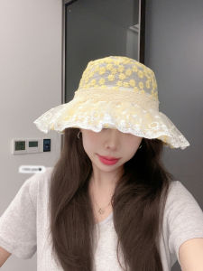 Retro Korean Lace Embroidery Hat Large Brim Beach Sun Protection Womens Spring Summer Outing Fisherman Hat Trendy Flat Top