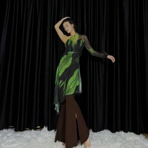 WYZ Elegant Forest Elf Jazz Dance Dress High-End Polyester Fiber Shoulder-Length Printed Net Yoke Pullover Mid-Waist Long Skirt