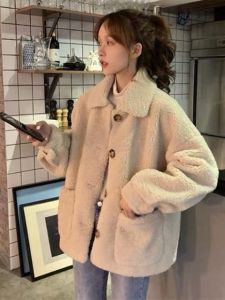 Fluffy Lamb Fur Jacket Womens Autumn Winter Thickened Loose Polo Collar Outerwear Korean Style Commute Style Warmth