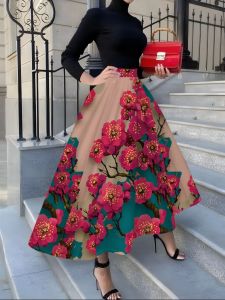 Printed Design Four season casual style pink floral skirt with beige and cyan background