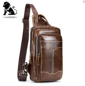 LAOSHIZI Genuine Leather Crossbody Bag for Men Top Layer Material Mens Chest bag